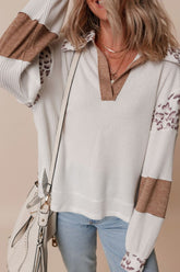 Waffle-Knit Leopard Johnny Collar Long Sleeve Top OutfitFlow